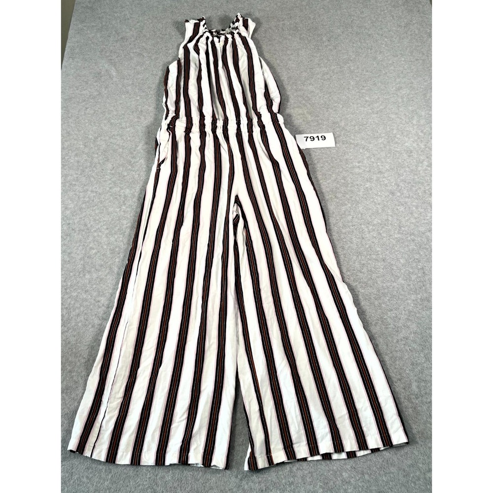 Loft Jumpsuit Womens Medium Multicolor Striped Rayon Ruffle Neck Wide Leg